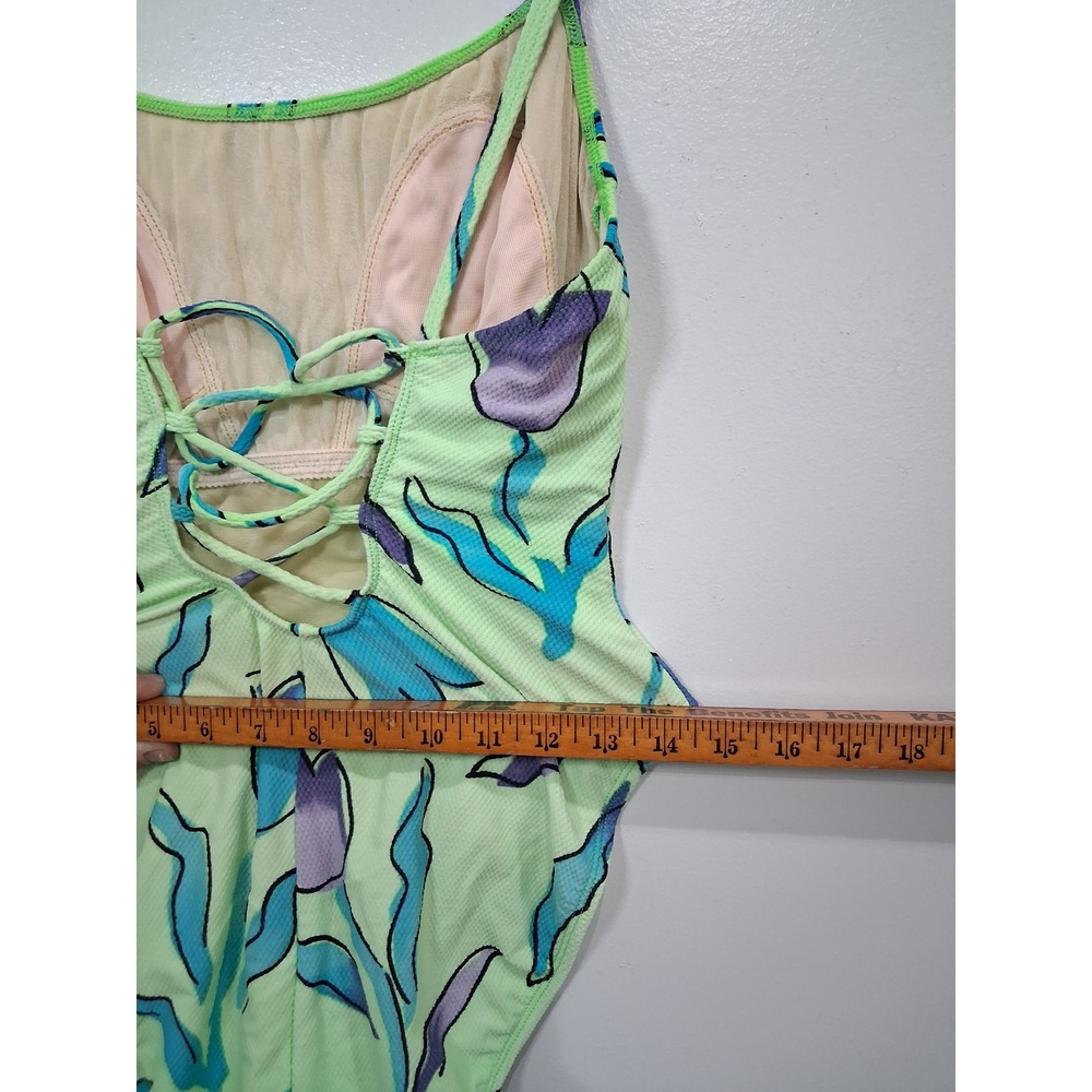 Vintage La Blanca Floral Lace Up One Piece Swimsuit Lime Green Blue Purple Sz 12 - Picture 6 of 8
